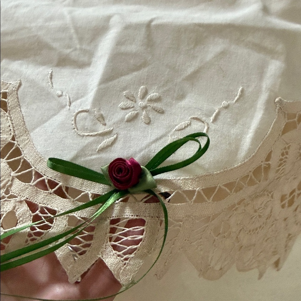 Lace Accent Pillow with Green Ribbon handmade charming cottage country decor - Picture 4 of 7